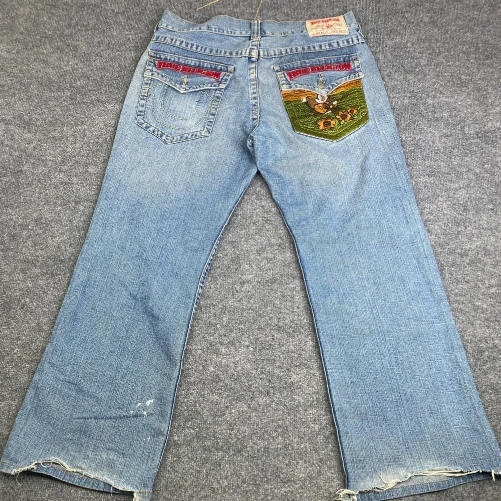 True Religion Billy Bootcut Jeans Mens 36 Blue Embroidered Buddha Sunflower Y2K